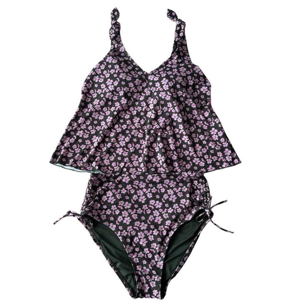 Lands’End Two Piece Swim Set D-Cup Tankini Top & High Waist Bikini Bottom Sz 8